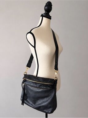 Margot New York Mickey Double Zip Black Pebble Leather Crossbody Bag